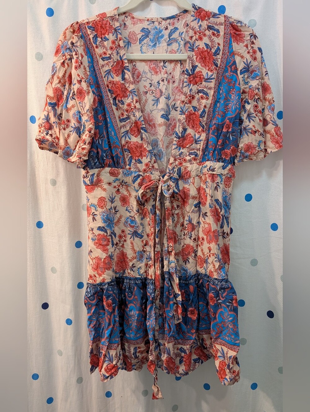 Spell Floral Tie-Waist Mini Dress in Cream, Red & Blue